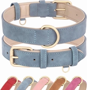 Didog Soft Padded Leather Dog Collar, Adjustable Dog Collars for Medium Dogs with Heavy Duty Metal Buckle and D Ring,Blue,L
