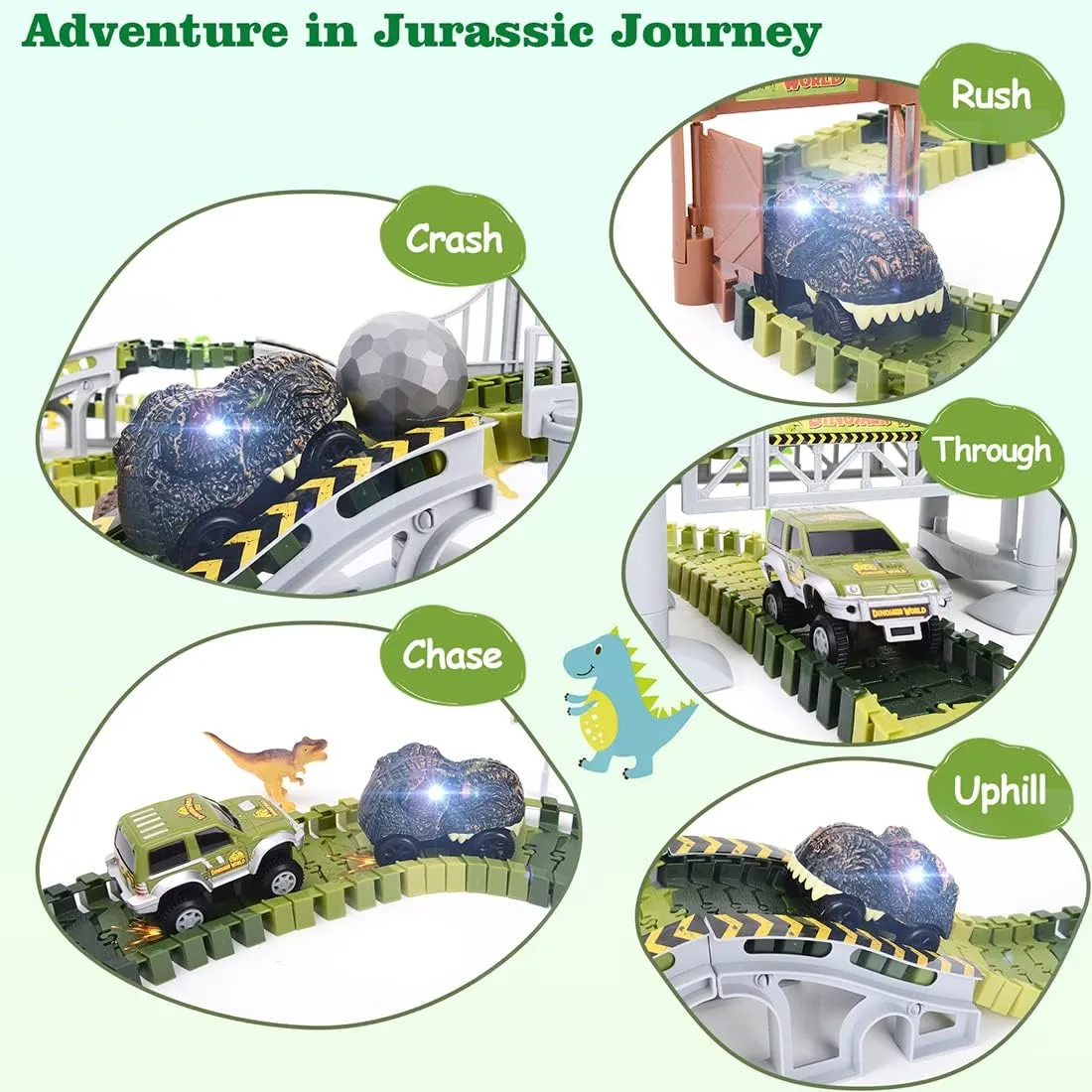Dinosaur Toys, Create A Dinosaur World Road Race Tracks Glow in The Dark Flexible Train Track Playset, 2pcs Dinosaur Car for 3 4 5 6 Year Old Boys Girls Christmas Birthday Gift, CF2268