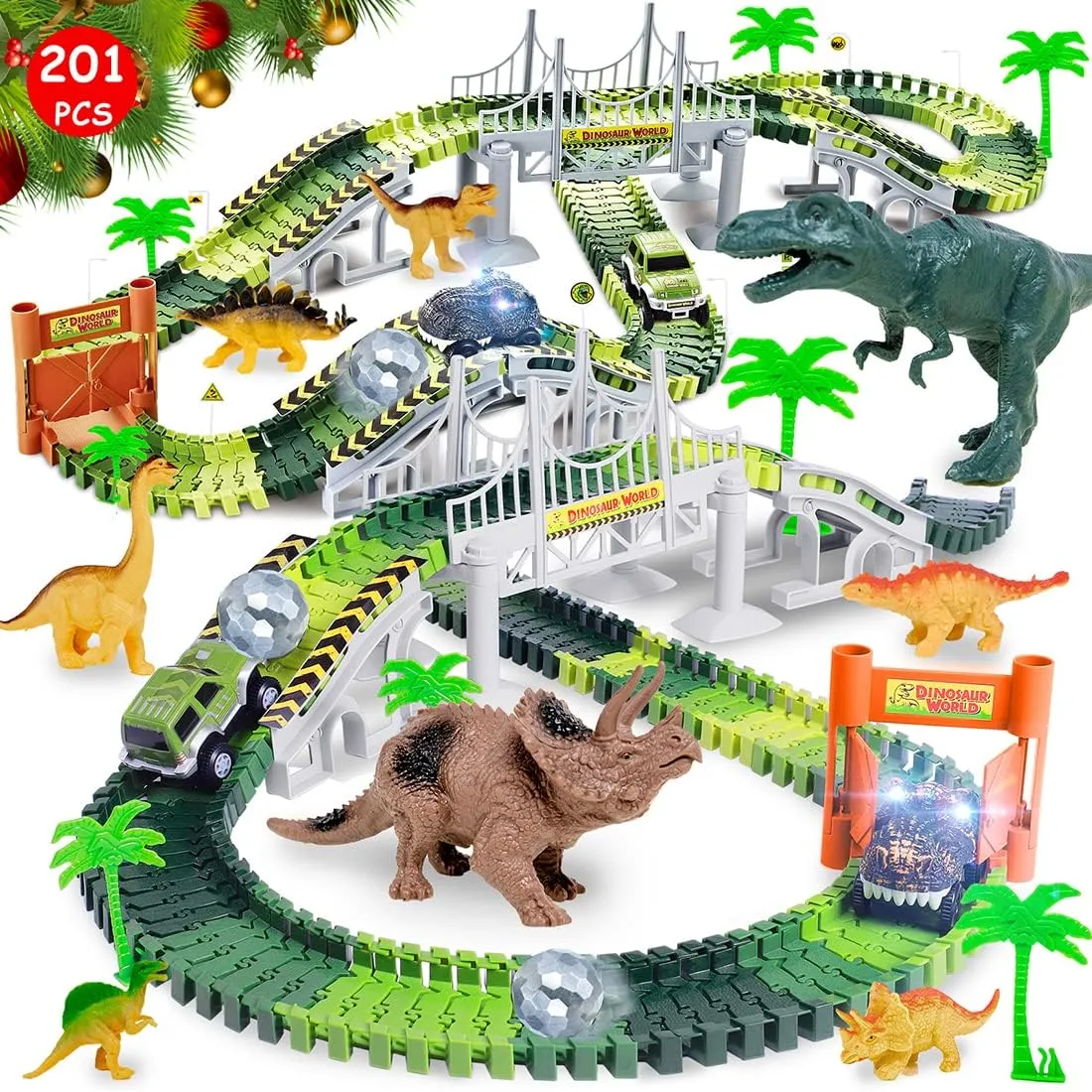 Dinosaur Toys, Create A Dinosaur World Road Race Tracks Glow in The Dark Flexible Train Track Playset, 2pcs Dinosaur Car for 3 4 5 6 Year Old Boys Girls Christmas Birthday Gift, CF2268