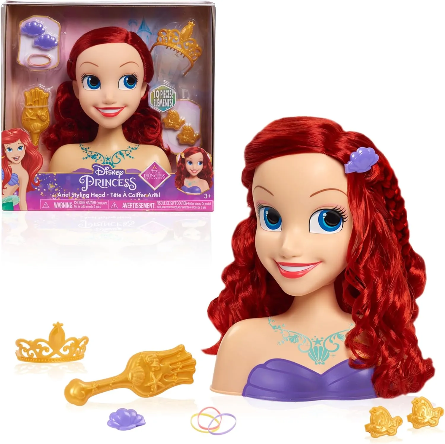 Disney Princess Ariel Styling Head, Red Hair, 10 Piece Pretend Play Set, The Little Mermaid, Officially Licensed Kids Toys for Ages 3 Up by Just Play