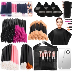 Disposable Makeup Applicators Kit, Includes Disposable Mascara Wands Eyeliner Brushes Eyeshadow Lip Applicators with Organizer Box Powder Puffs Mixing Palette Makeup Tools 10.9 * 7.8 * 3.11