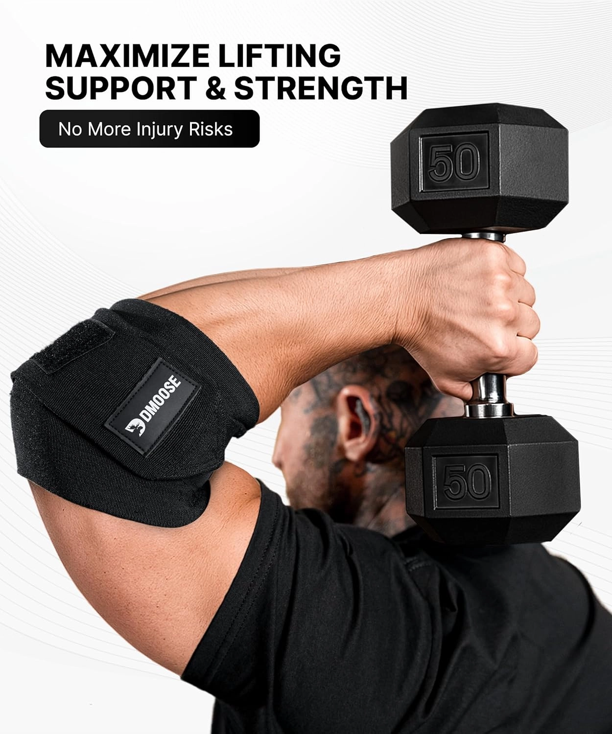 DMoose Fitness Elbow Wraps for Weightlifting (Pair) - 40'' Adjustable Elbow Strap for Gym Workout, Bench Press & Powerlifting - Compression Wraps for Tendonitis & Joint Support