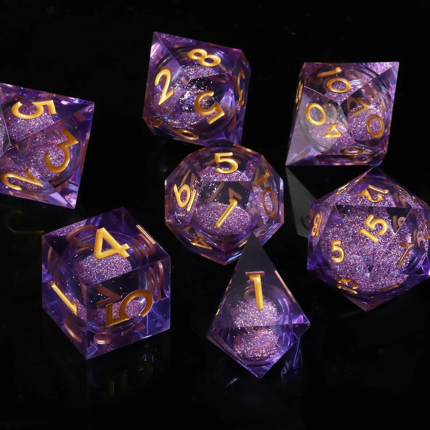 DND dice Set Resin Liquid core Sharp Edge Dungeons and Dragons Polyhedral D&D Dice Role Playing Game D and D Dice Set with Gift Box D20 D12 D10 D8 D6 D4 (Purple2)