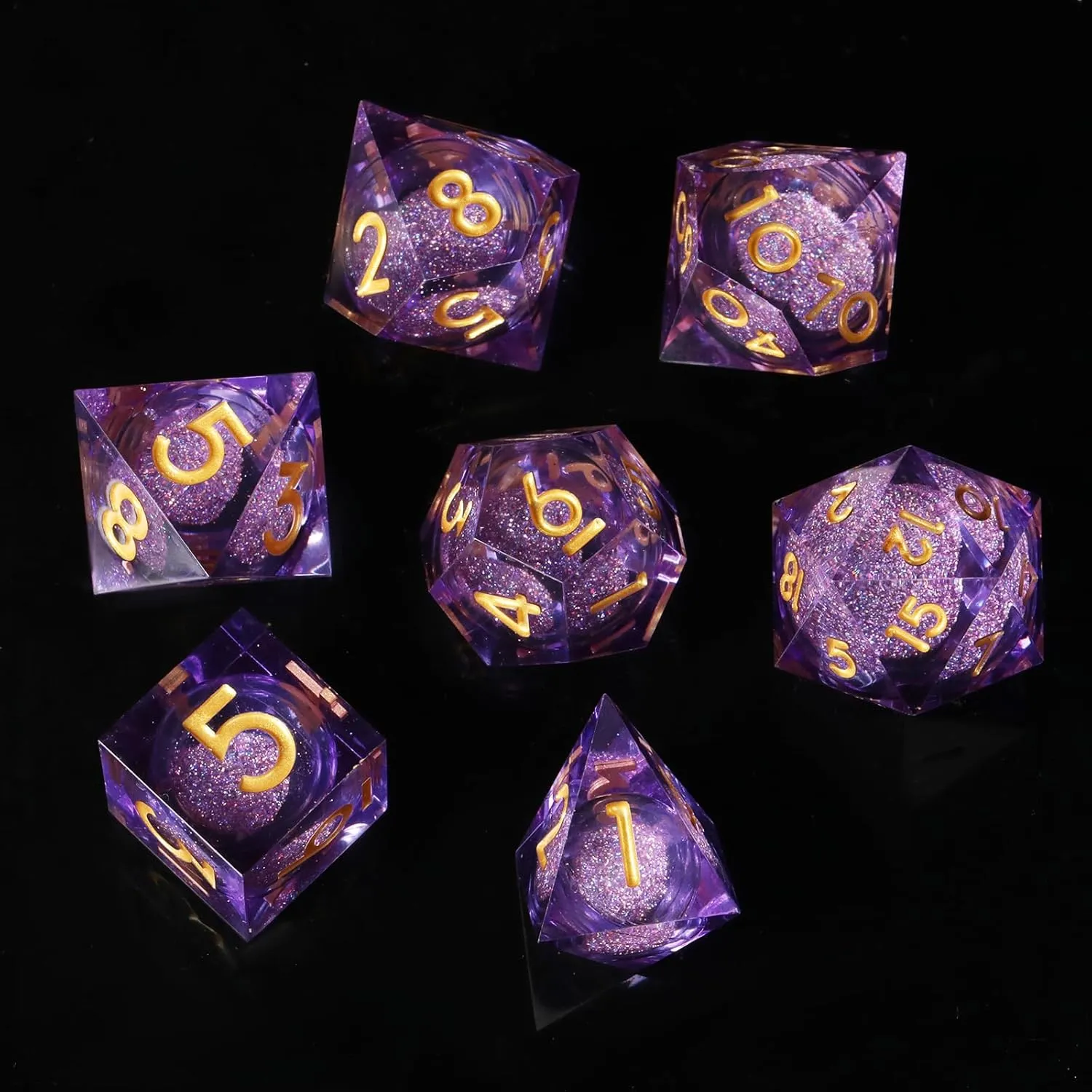 DND dice Set Resin Liquid core Sharp Edge Dungeons and Dragons Polyhedral D&D Dice Role Playing Game D and D Dice Set with Gift Box D20 D12 D10 D8 D6 D4 (Purple2)