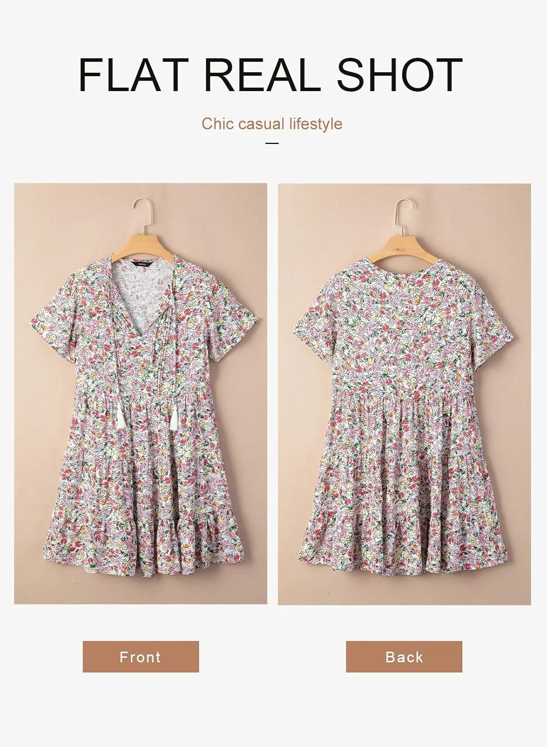 Dokotoo Womens Summer Casual Boho Floral Dresses V Neck Short Sleeve Sundresses Flowy Swing A-Line Mini Dress