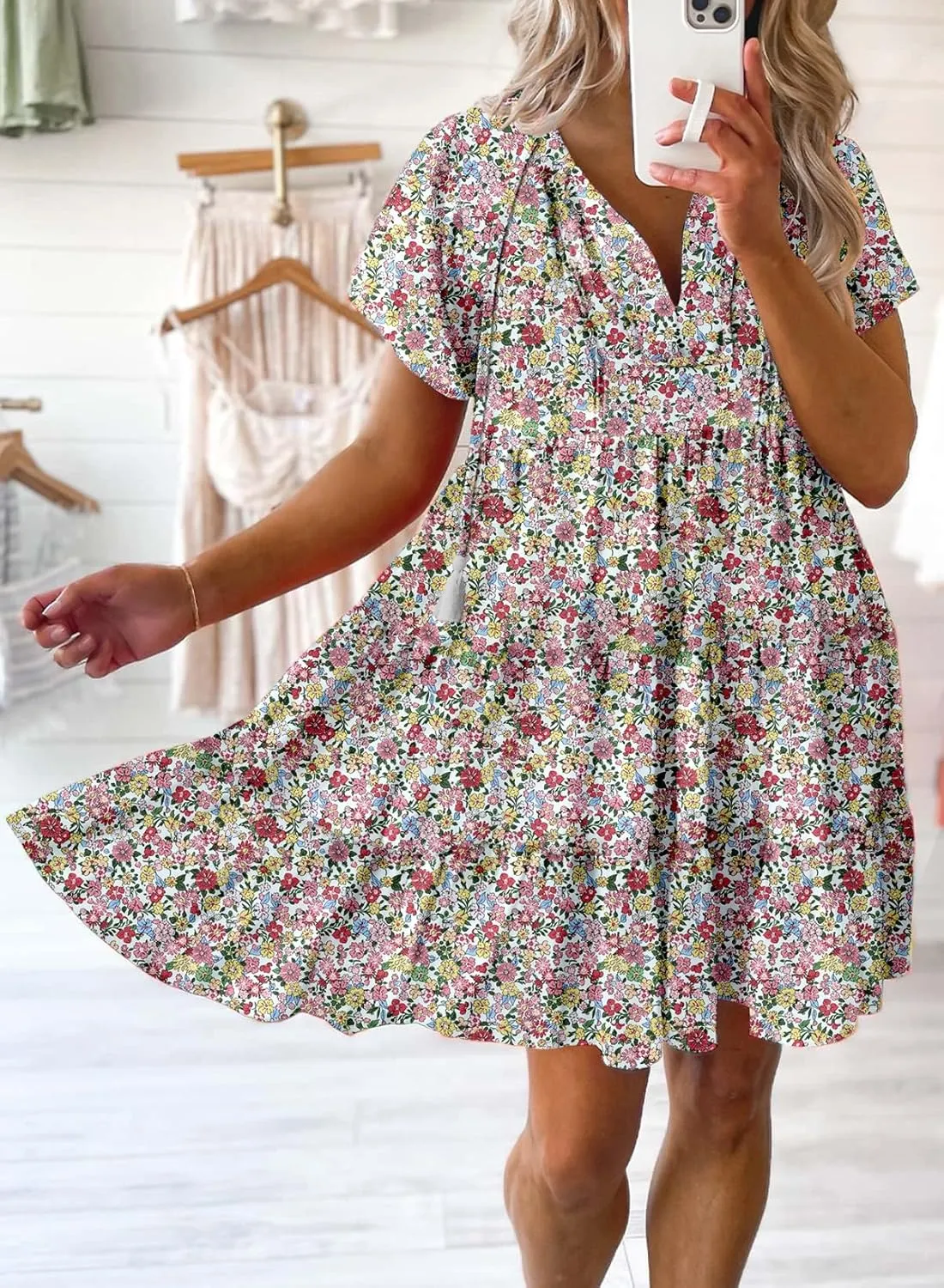 Dokotoo Womens Summer Casual Boho Floral Dresses V Neck Short Sleeve Sundresses Flowy Swing A-Line Mini Dress