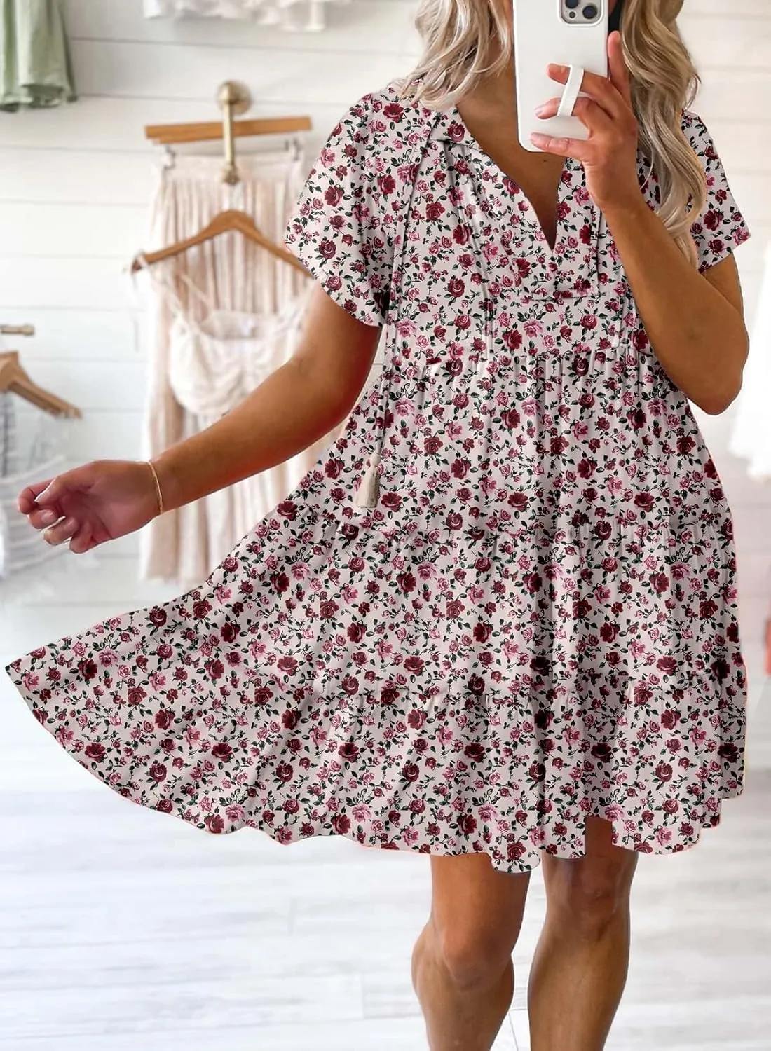 Dokotoo Womens Summer Casual Boho Floral Dresses V Neck Short Sleeve Sundresses Flowy Swing A-Line Mini Dress