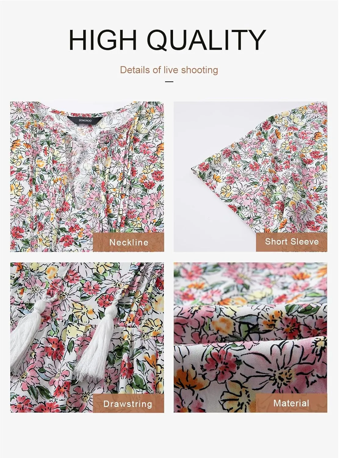 Dokotoo Womens Summer Casual Boho Floral Dresses V Neck Short Sleeve Sundresses Flowy Swing A-Line Mini Dress