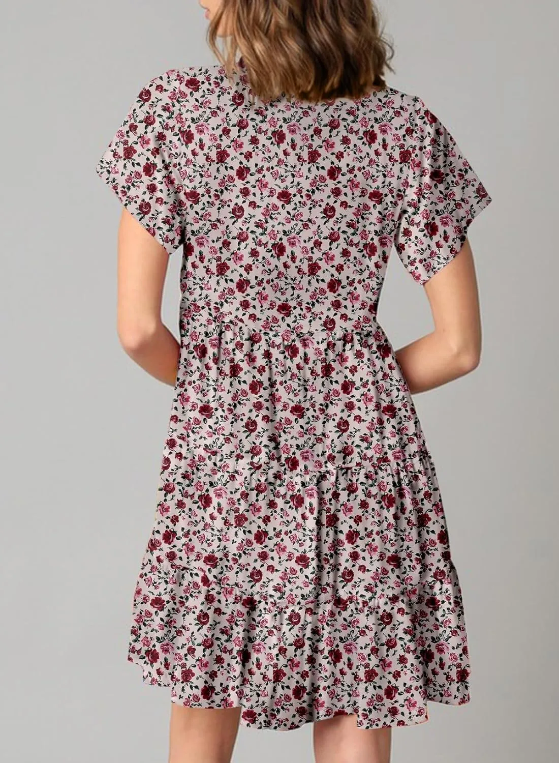 Dokotoo Womens Summer Casual Boho Floral Dresses V Neck Short Sleeve Sundresses Flowy Swing A-Line Mini Dress