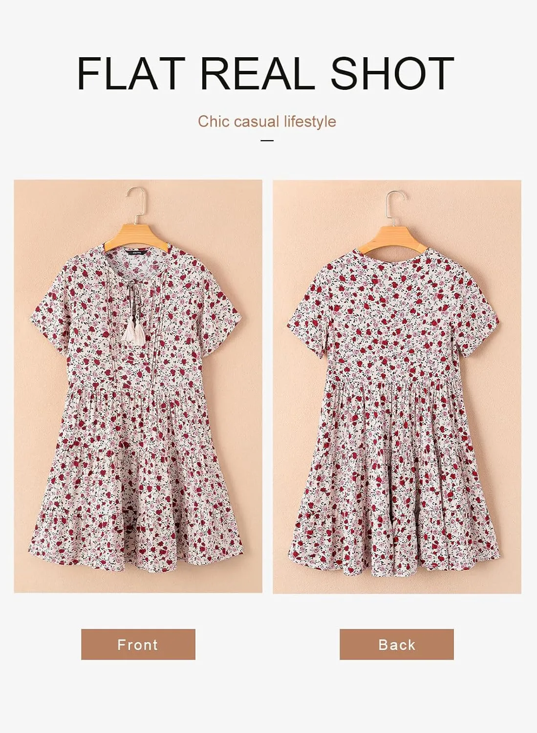 Dokotoo Womens Summer Casual Boho Floral Dresses V Neck Short Sleeve Sundresses Flowy Swing A-Line Mini Dress