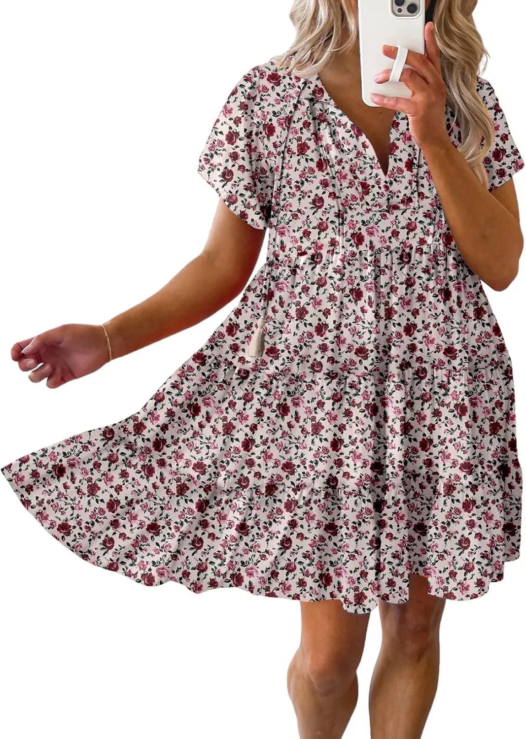 Dokotoo Womens Summer Casual Boho Floral Dresses V Neck Short Sleeve Sundresses Flowy Swing A-Line Mini Dress
