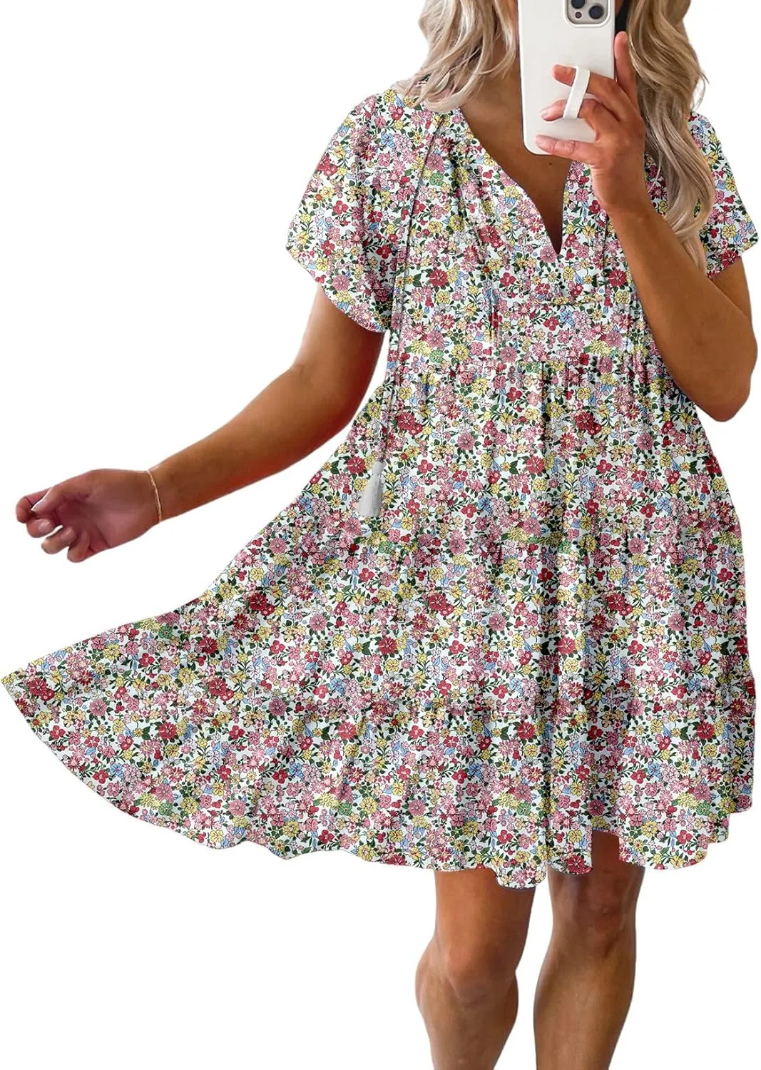 Dokotoo Womens Summer Casual Boho Floral Dresses V Neck Short Sleeve Sundresses Flowy Swing A-Line Mini Dress