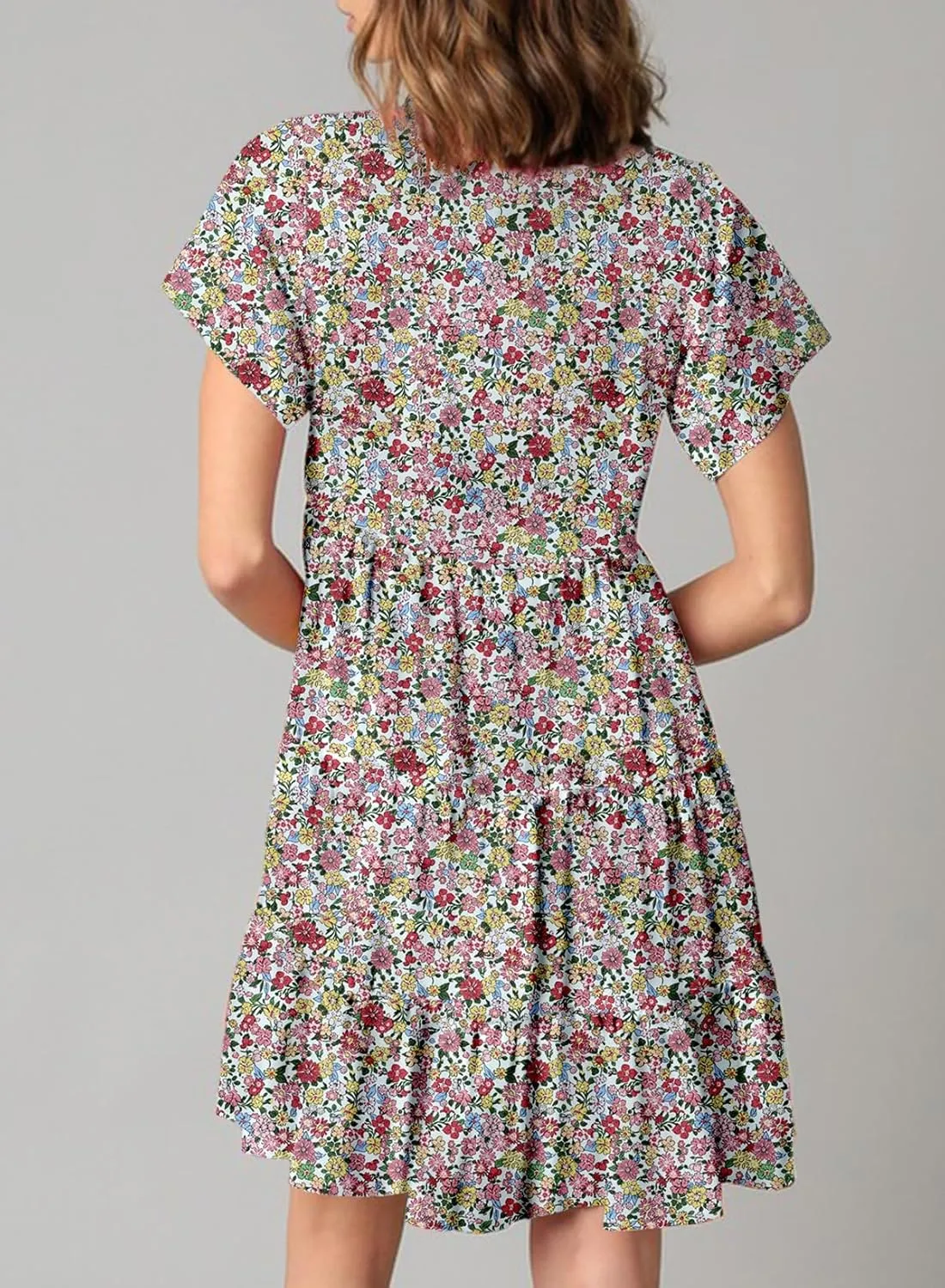 Dokotoo Womens Summer Casual Boho Floral Dresses V Neck Short Sleeve Sundresses Flowy Swing A-Line Mini Dress