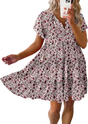 Dokotoo Womens Summer Casual Boho Floral Dresses V Neck Short Sleeve Sundresses Flowy Swing A-Line Mini Dress