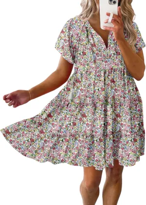 Dokotoo Womens Summer Casual Boho Floral Dresses V Neck Short Sleeve Sundresses Flowy Swing A-Line Mini Dress