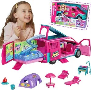 Doll Camper Van Playset for Girls,Portable Pretend Doll Car Set for Kid,Colorful Camper Vehicle RV Van with Furniture, Pool & Accessories,Outdoor Transformable Vehicles, Toddler Toys 3 