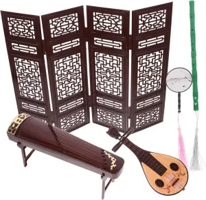 Doll House Zither Miniature Chinese Classical Instrument Mini Decor Traditional Miniature Instrument Screen for Boys and Girls
