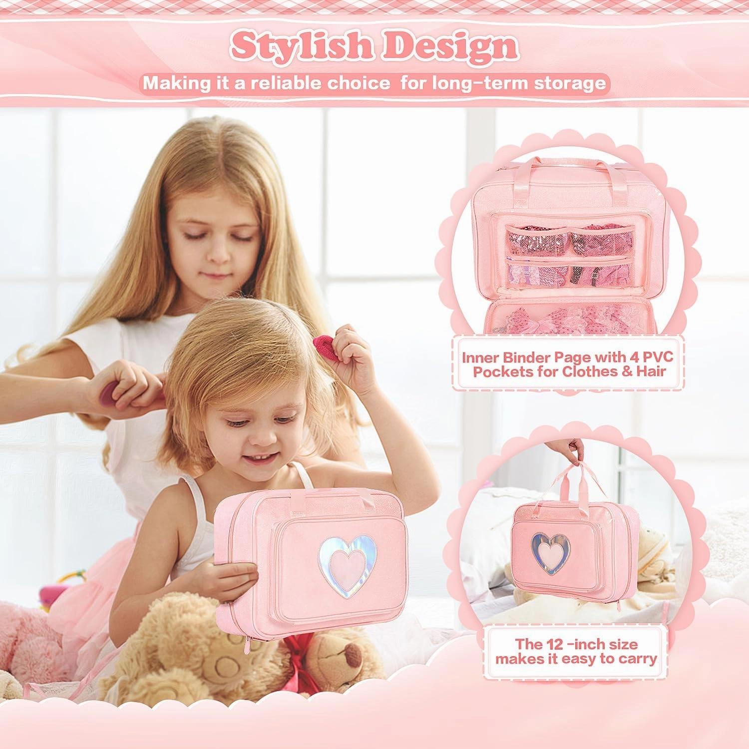 Doll Carrying Case, Toy Storage Box, Doll Travel Storage Bag with Handle, 12-inch Luggage Pouch for Kids (pink)