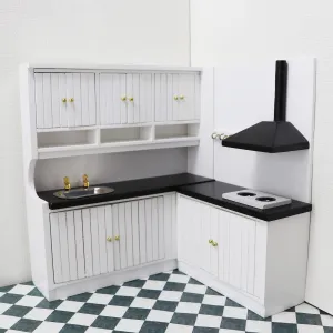 Dollhouse Kitchen Set Miniature Wooden Furniture Cabinet Dining Room Kitchen Kit 1/12 Scale Wooden Dollhouse Accessories (Style A)
