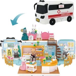 Dollhouse Playset for Girls - Kids Pretend Play Doll House Toy Doctor Kit Hospital Accessories, Portable Critter Doll Ambulance Bus Toys for Toddlers Boys Girls Birthday Gifts 3 4 5 6 Year Old