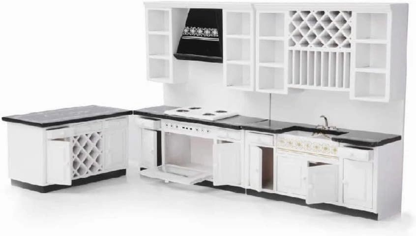 Dollhouse Kitchen Set Miniature Furniture of Dining Room Kitchen Kit 1/12 Scale Wooden Dollhouse Accessories (Style B)