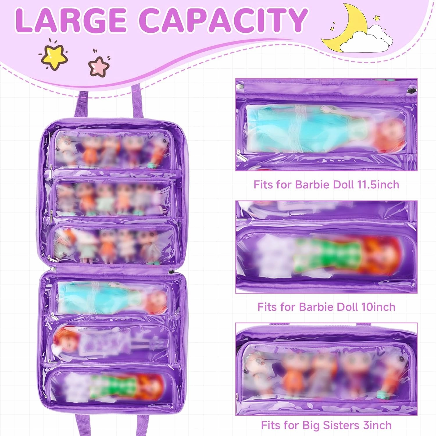 Dolls Carrying Case Compatible with LOL Surprise Dolls All,Hanging Travel Toys Storage Tote Bag with 6 Clear Pockets for Girls,Purple