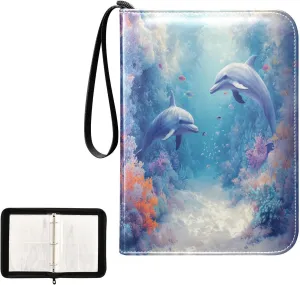 Dolphins Colorful Fish Coral Reefs Card Binder 4 Pocket, Trading Card Holder Fits 400 Game Cards with 50 Removable Sleeves, MTG Card Case Standard Size