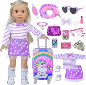 DONTNO 29 Pcs American Doll Clothes and Accessories, Cute Travel Play Set fit 18 Inch Doll with Purple Clothes Suit, Unicorn Suitcase, Handbag, Camera, Sunglasses for Kids(No Doll)