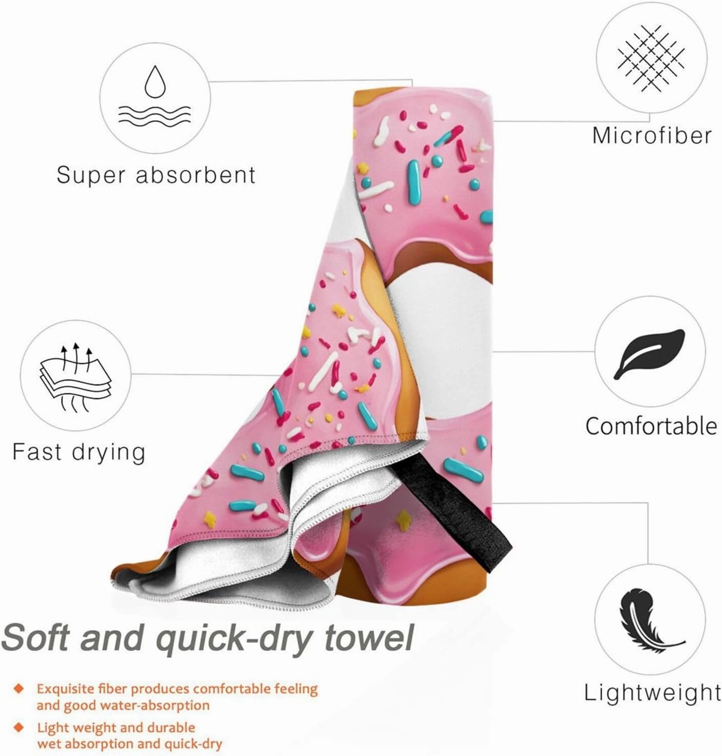 Donut Print Premium Compact Microfiber Travel Towel-Featherlight & Quick Dry,Sand-Resistant Beach Towel for Swimming,Camping,Vacation Essentials with Carry Pouch