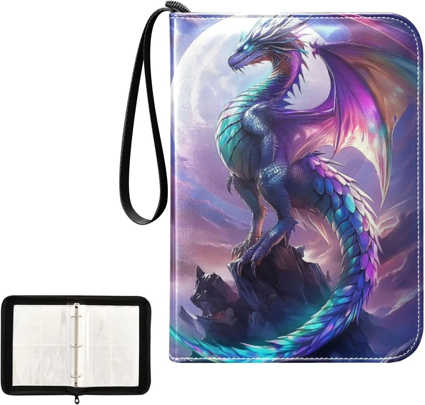 Dragon Glowing Colorful Scales Card Binder 4 Pocket, Trading Card Holder Fits 400 Game Cards with 50 Removable Sleeves, MTG Card Case Standard Size