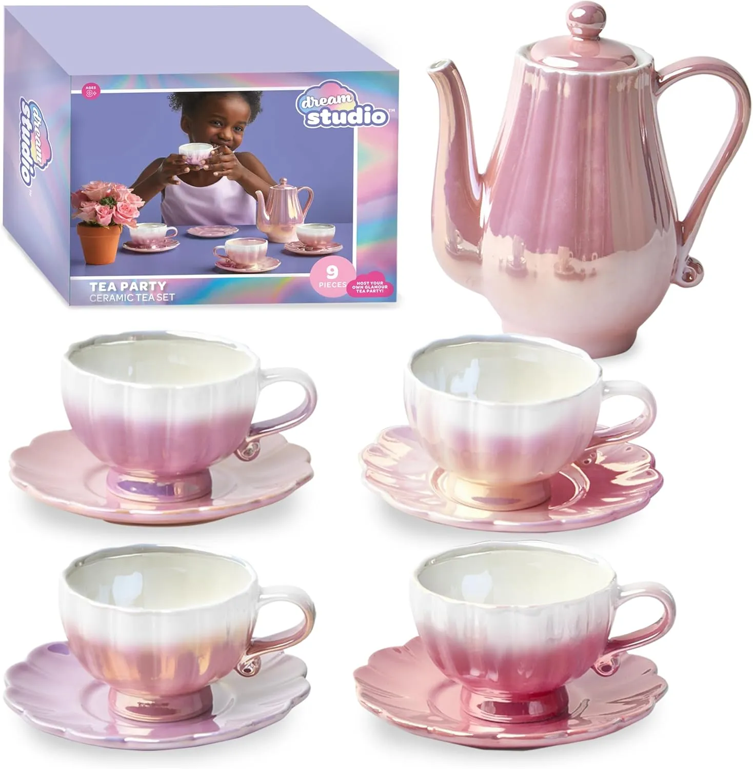 Dream Studio Ceramic Tea Party Set [2023 Amazon Exclusive] 9-Piece Pretend Set, Teapot 4 Cups & 4 Saucers, Hand-Painted Glaze, Safe BPA-Free & Non-Toxic, Imagination Play Activity Toy for Girls & Boys