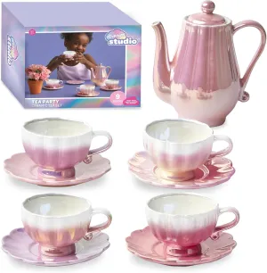Dream Studio Ceramic Tea Party Set [2023 Amazon Exclusive] 9-Piece Pretend Set, Teapot 4 Cups & 4 Saucers, Hand-Painted Glaze, Safe BPA-Free & Non-Toxic, Imagination Play Activity Toy for Girls & Boys