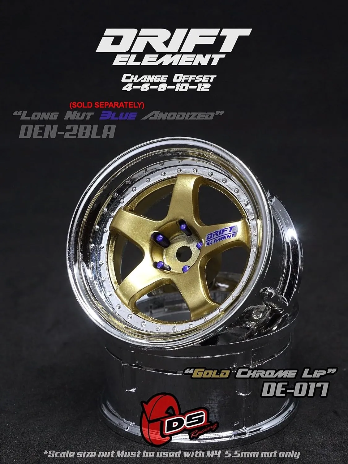 Drift Element 1/10 RC Car Drift Rims Wheels, 2PCS Set, 5-Spoke, Adjustable Offset, Fits Yokomo YD MD RD, MST RMX, Reve D RDX, Redcat RDS, HPI, Tamiya TT & More (Gold w/Chrome Lip)