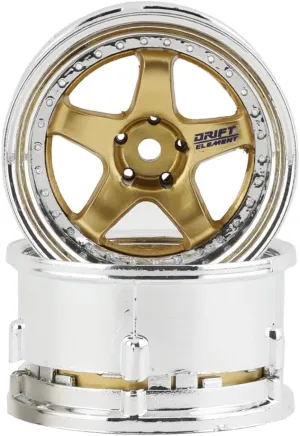 Drift Element 1/10 RC Car Drift Rims Wheels, 2PCS Set, 5-Spoke, Adjustable Offset, Fits Yokomo YD MD RD, MST RMX, Reve D RDX, Redcat RDS, HPI, Tamiya TT & More (Gold w/Chrome Lip)