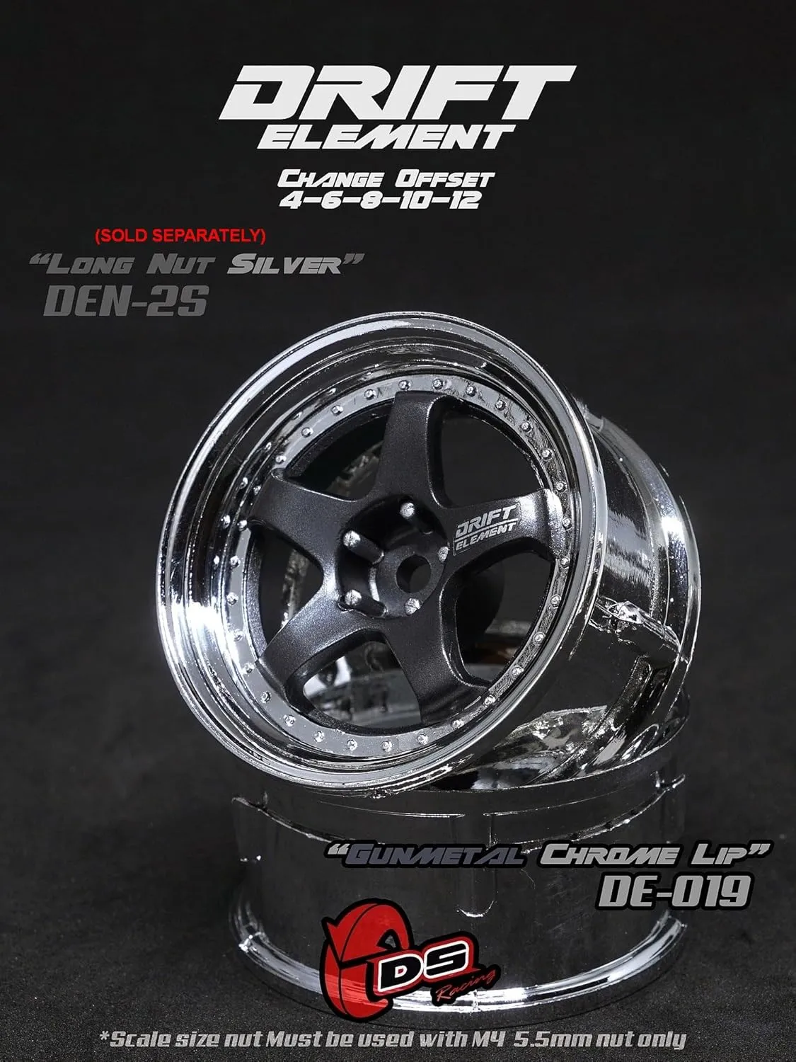 Drift Element 1/10 RC Car Drift Rims Wheels, 2PCS Set, 5-Spoke, Adjustable Offset, Fits Yokomo YD MD RD, MST RMX, Reve D RDX, Redcat RDS, HPI, Tamiya TT & More (Gunmetal w/Chrome Lip)