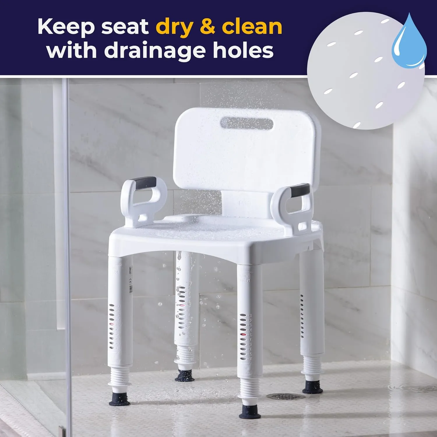 Drive Medical RTL12505 Handicap Bathroom Bench with Back and Arms, White