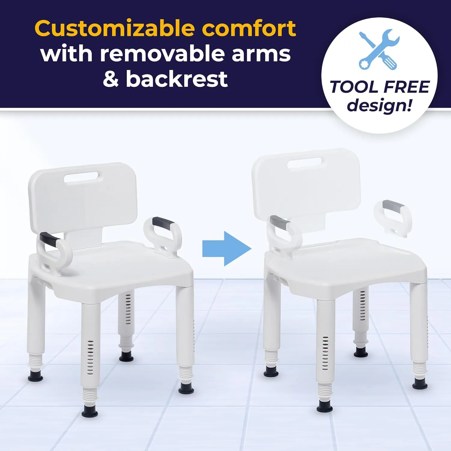 Drive Medical RTL12505 Handicap Bathroom Bench with Back and Arms, White