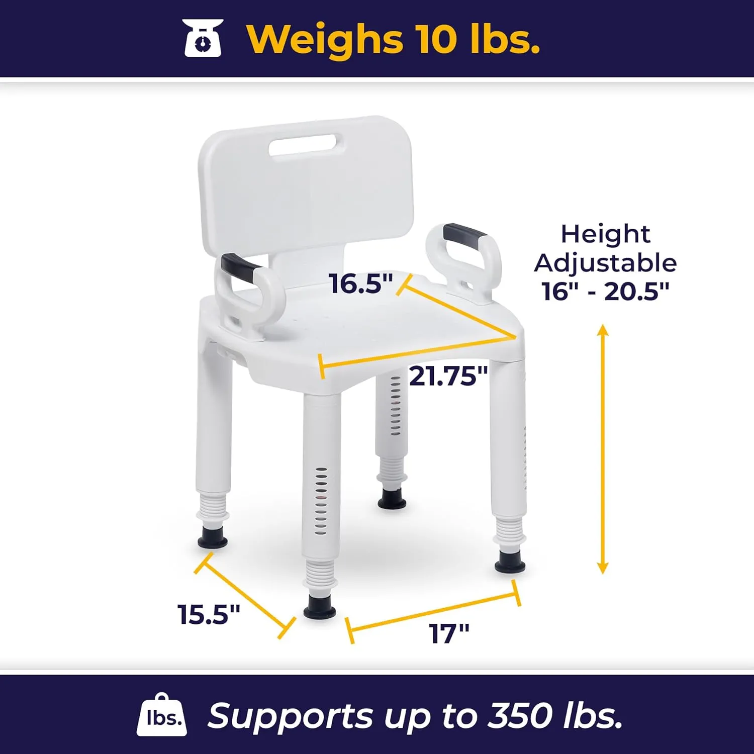 Drive Medical RTL12505 Handicap Bathroom Bench with Back and Arms, White