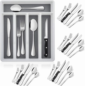 E-far 24-Piece Silverware Set with Organizer Tray and Steak Knives, Stainless Steel Flatware Cutlery Service for 4, Basic Tableware Eating Utensils for Home Kitchen, Mirror Polished, Dishwasher Safe