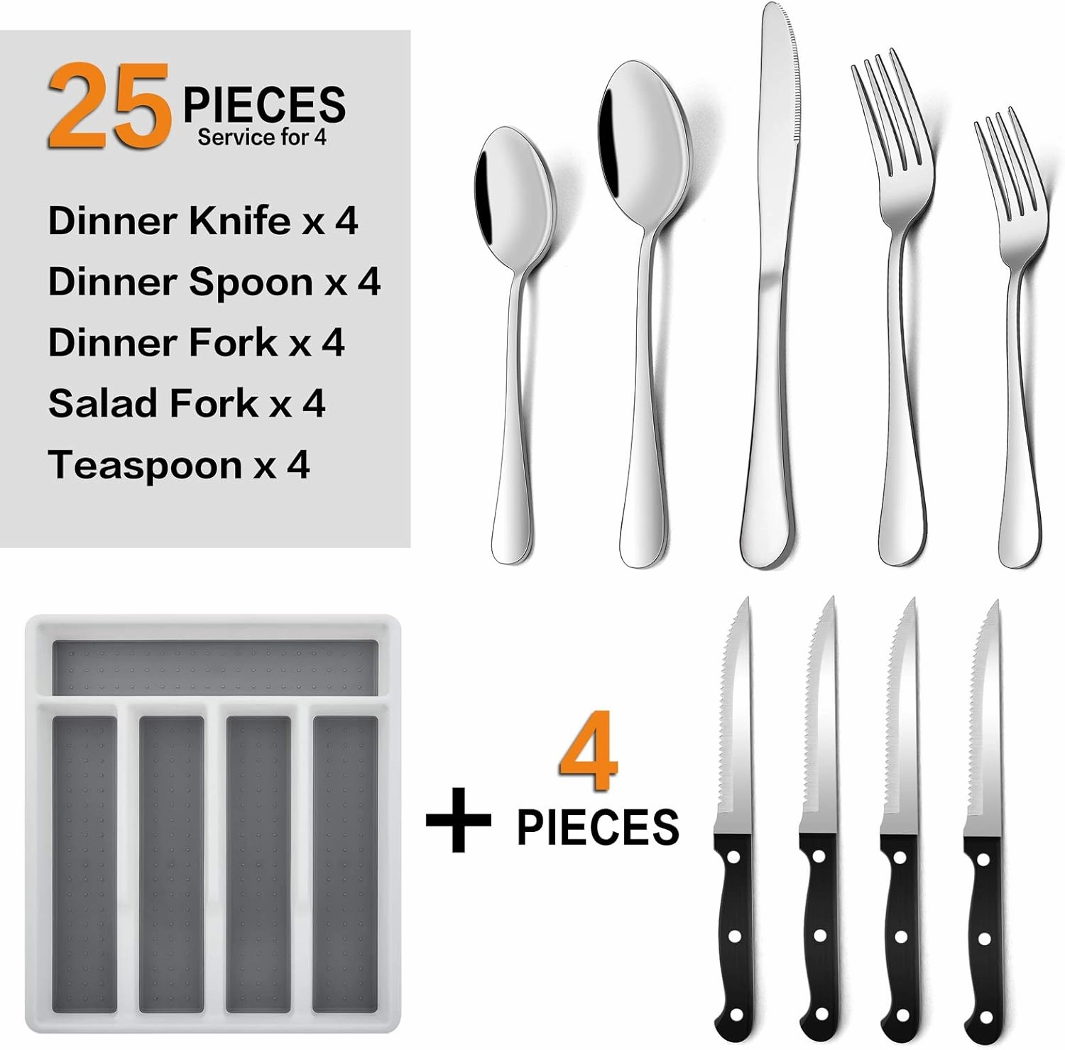 E-far 24-Piece Silverware Set with Organizer Tray and Steak Knives, Stainless Steel Flatware Cutlery Service for 4, Basic Tableware Eating Utensils for Home Kitchen, Mirror Polished, Dishwasher Safe