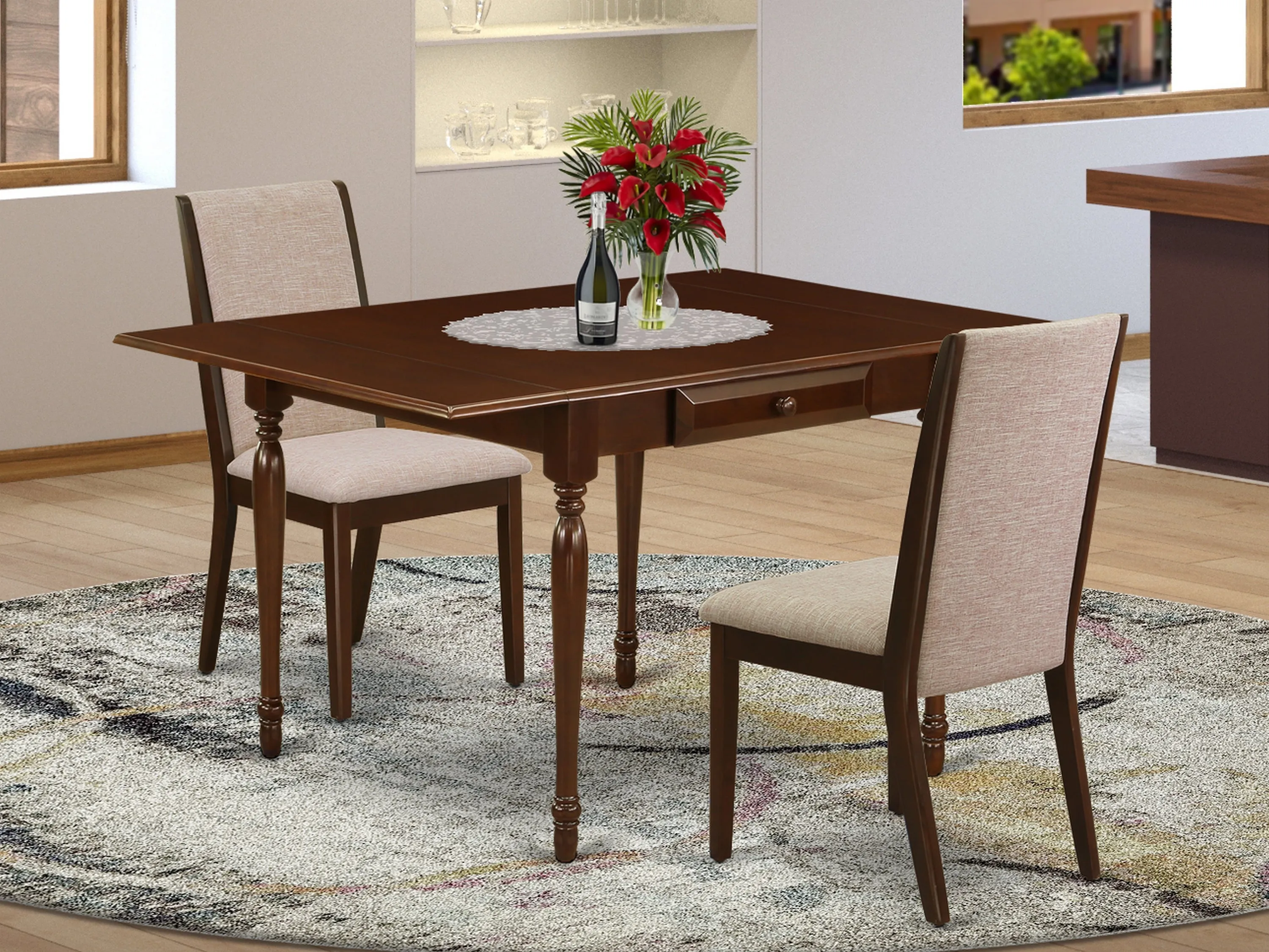 East West Furniture MZLA3-MAH-04 3 Piece Dinette Set for Small Spaces Contains a Rectangle Dining Table with Dropleaf and 2 Light Tan Linen Fabric Parson Chairs, 36x54 Inch, Mahogany