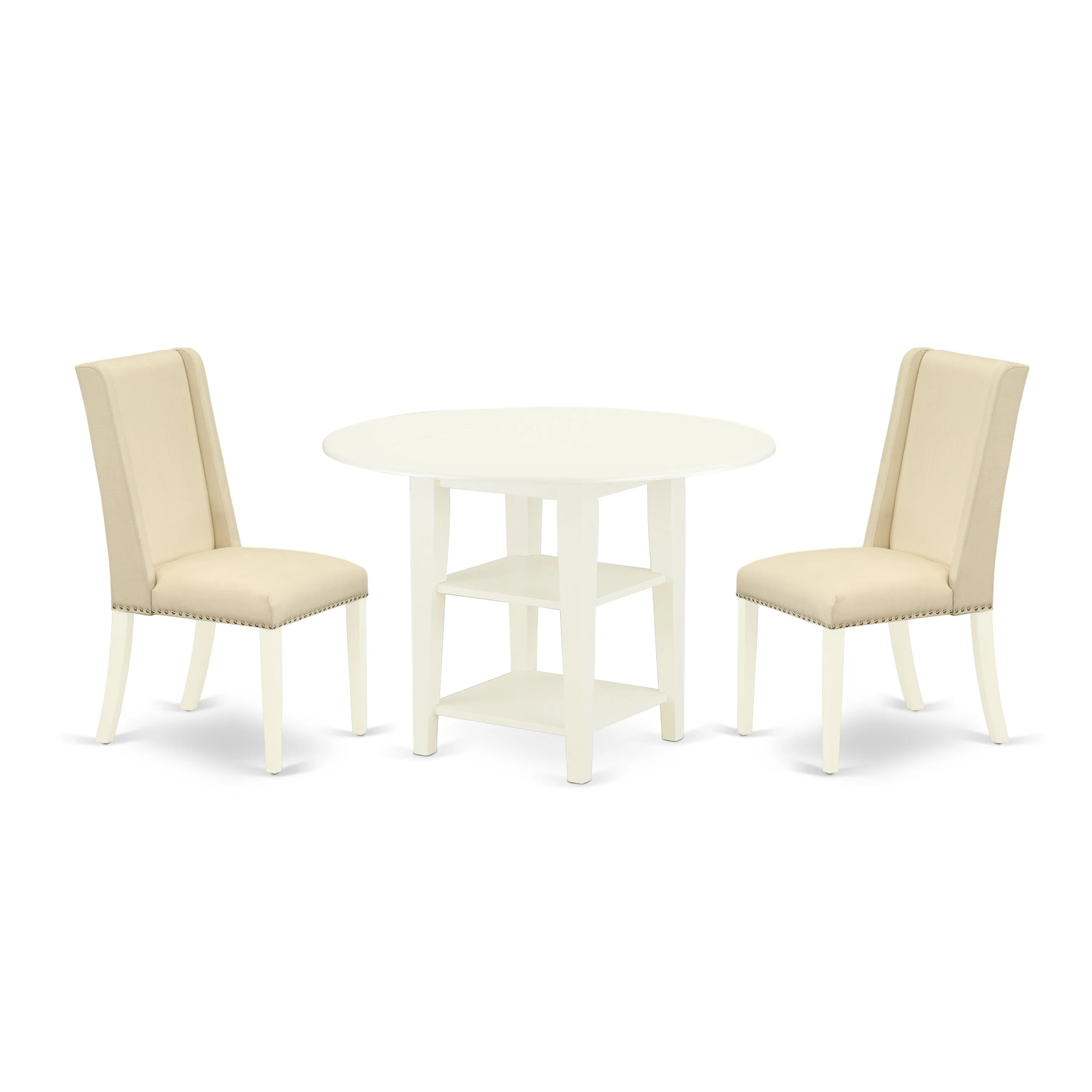 East West Furniture SUFL3-LWH-01 3 Piece Dining Set Contains a Round Dining Room Table with Dropleaf & Shelves and 2 Cream Linen Fabric Upholstered Parson Chairs, 42x42 Inch, Linen White