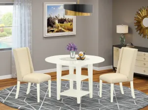 East West Furniture SUFL3-LWH-01 3 Piece Dining Set Contains a Round Dining Room Table with Dropleaf & Shelves and 2 Cream Linen Fabric Upholstered Parson Chairs, 42x42 Inch, Linen White