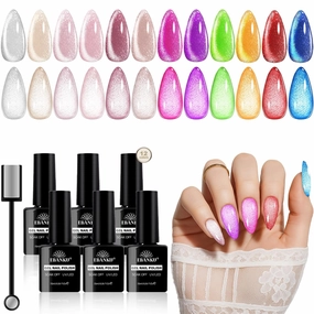 EBANKU Neon Cat Eye Gel Nail Polish Set, 12 Colors Pink Green Blue Purple Glitter Holographic Cat Eye Soak Off Gel Polish with Magnet for Nail Art Salon, 7.5ml
