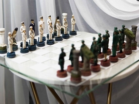 Ebros American Military US Army Land Warfare Branch VS Navy Naval Warfare Branch Colorful Chess Pieces with Fine Clear and Frosted Checkered Glass Board Set Soldiers Sailors Gaming Fun Patriotic Game