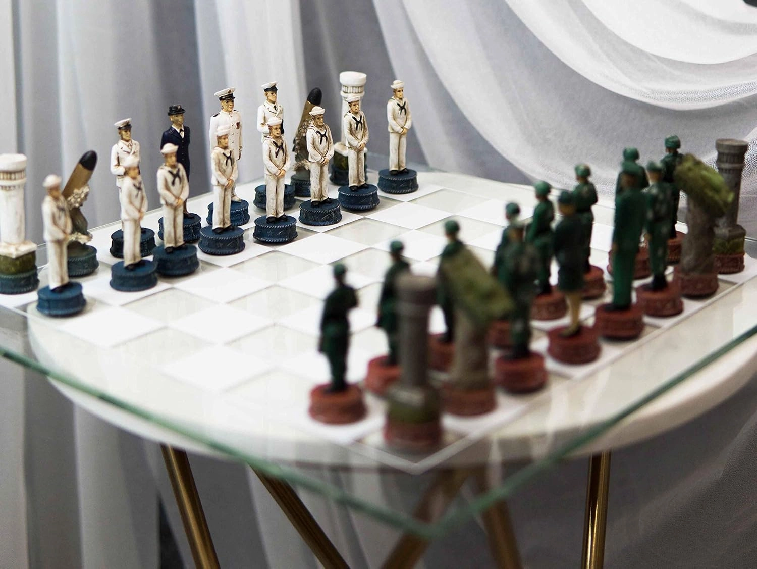Ebros American Military US Army Land Warfare Branch VS Navy Naval Warfare Branch Colorful Chess Pieces with Fine Clear and Frosted Checkered Glass Board Set Soldiers Sailors Gaming Fun Patriotic Game