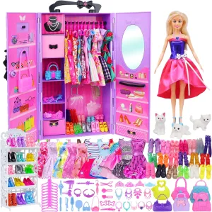 Ecore Fun 86 Pcs Doll Accessories Wardrobe Dress-Up Set with Closet, Diversified Accessories (Necklace, Handbags, Clothes, Hangers) No Doll