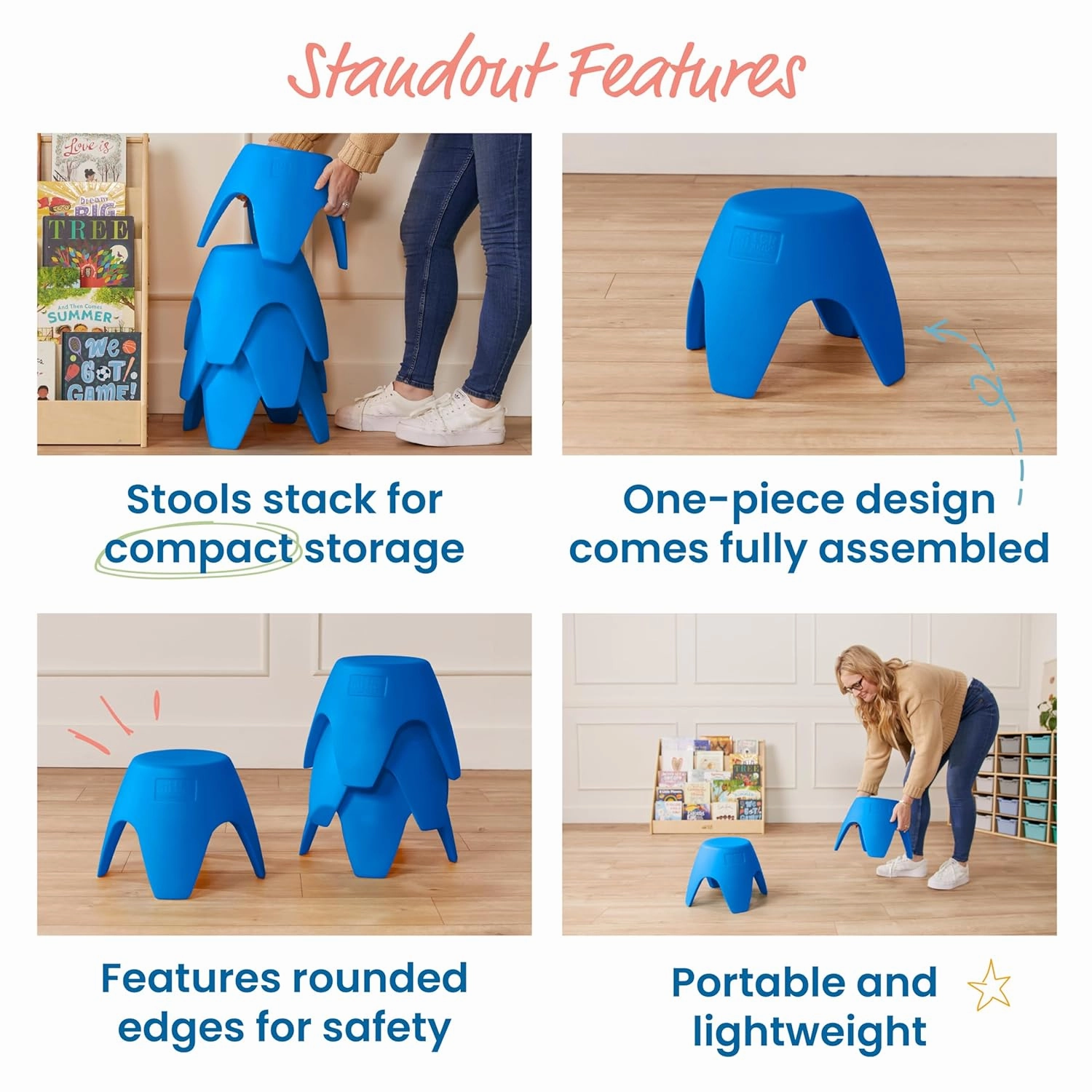 ECR4Kids Ayana Stool Set, Flexible Seating, Blue, 4-Pack