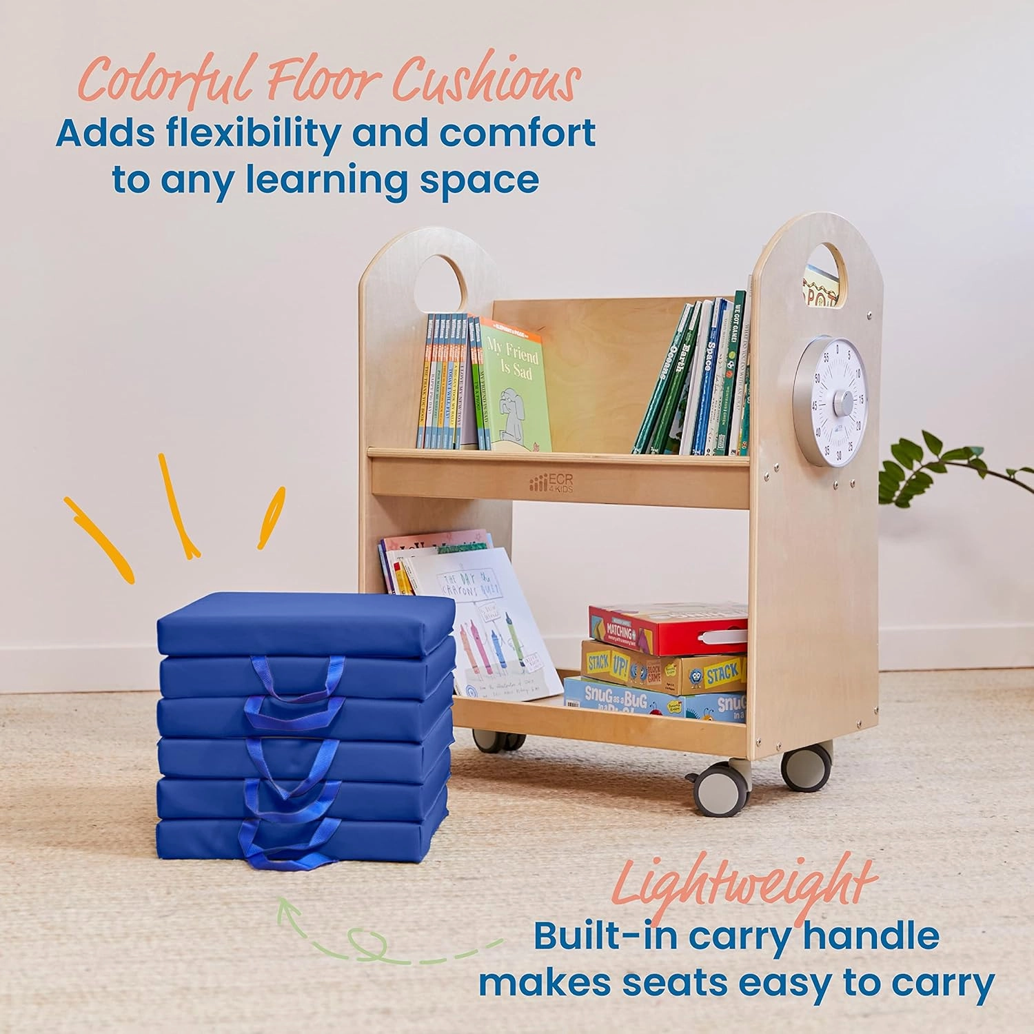 ECR4Kids SoftZone Floor Cushions, Square, Flexible Seating, Blue, 6-Piece