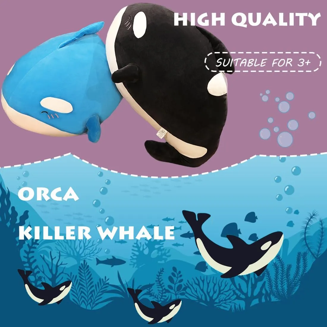 ELAINREN Ultra-Soft Blue Orca Plush Pillow Cuddle Killer Whale Stuffed Ocean Toy Chubby Orcinus Orca Plushie Cushion/23.6''